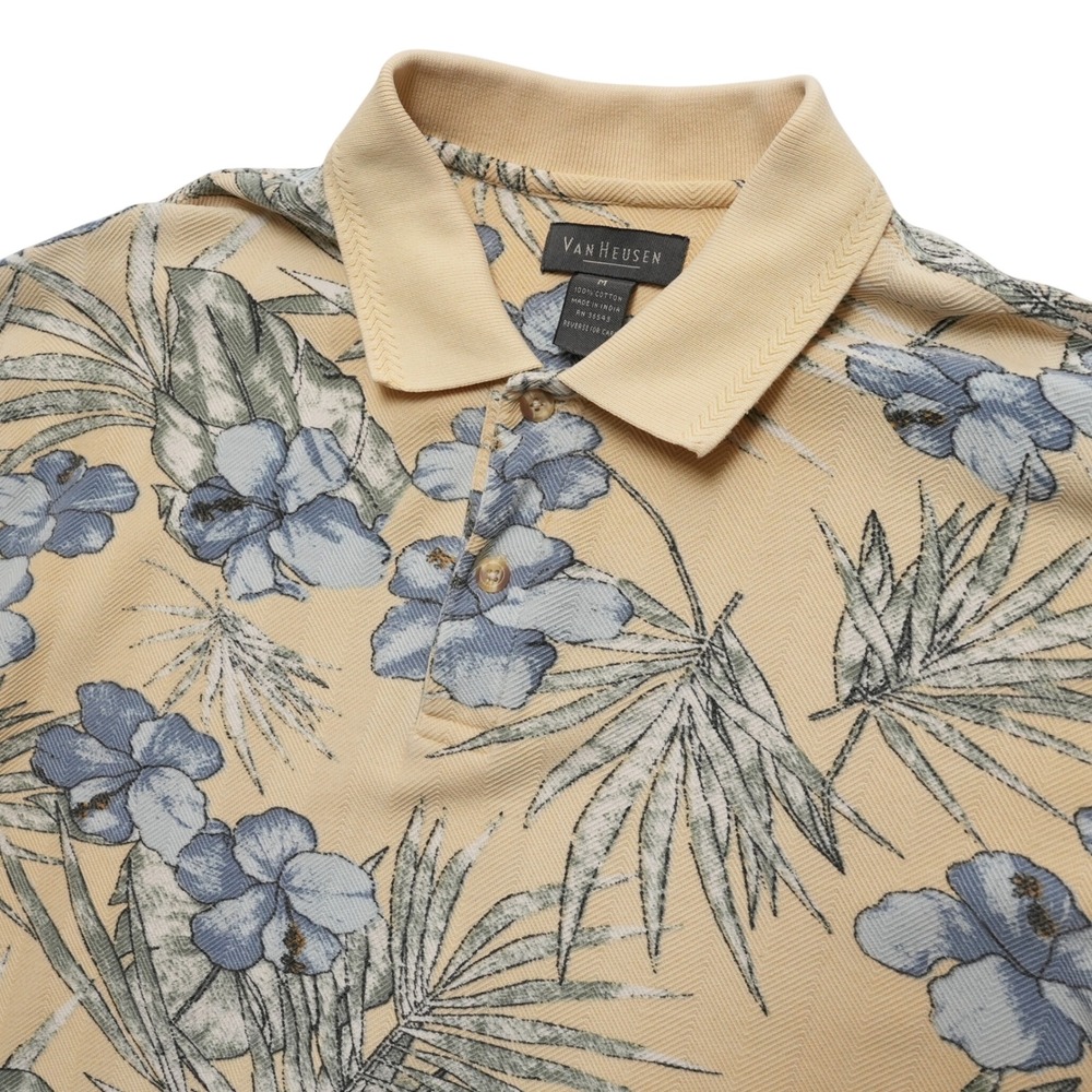 Van Heusen Tropical Polo Mens Medium Yellow Floral Hawaiian Shirt